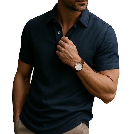 Men's British Casual Buckle Loose Linen Lapel Polo Shirt Inova Story